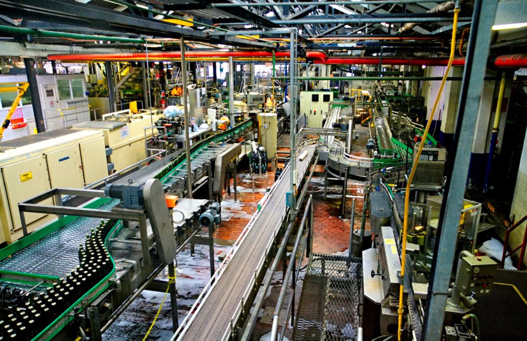 An automated beer bottling plant.